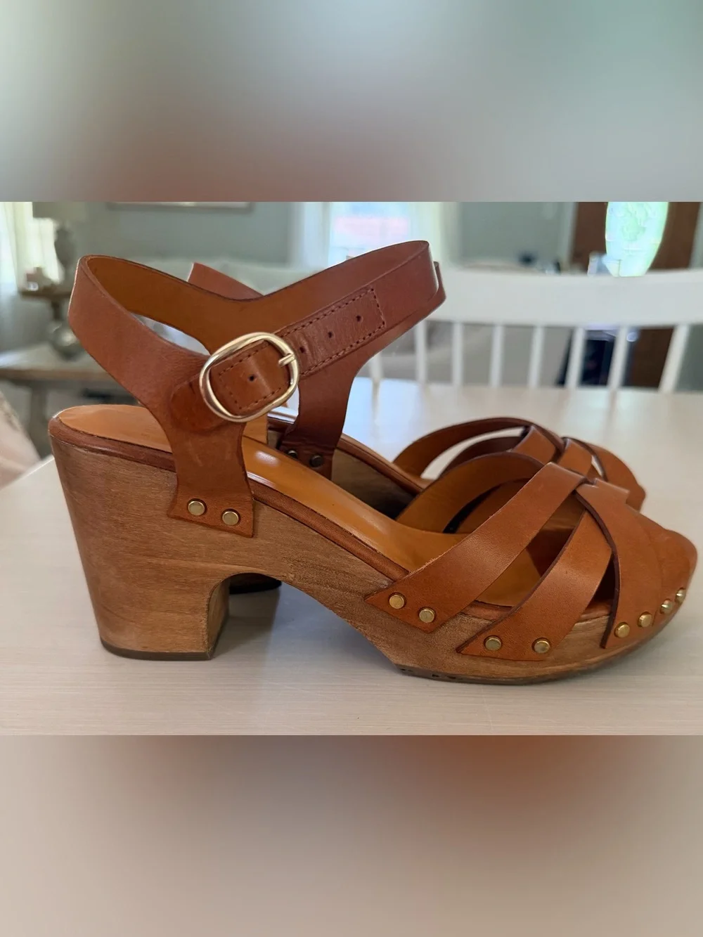 Sezane Isabelle Cognac Brown Leather Wood-Platform Wedge Sandals
